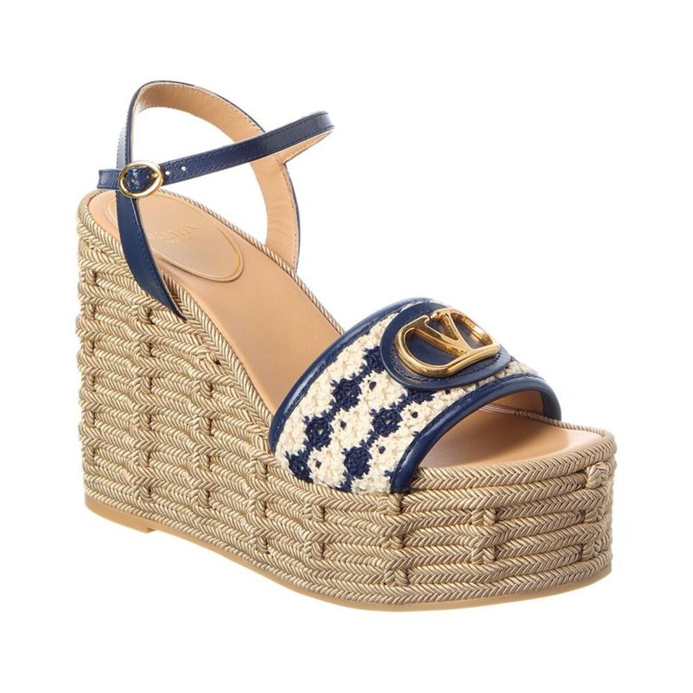 Valentino Vlogo Signature Leather & Canvas Wedge Sandal, Navy